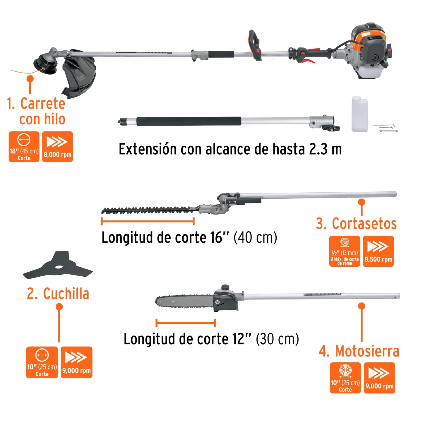 Desbrozadora multifuncional 4 en 1 a gasolina 45cc/2HP 18" TRUPER